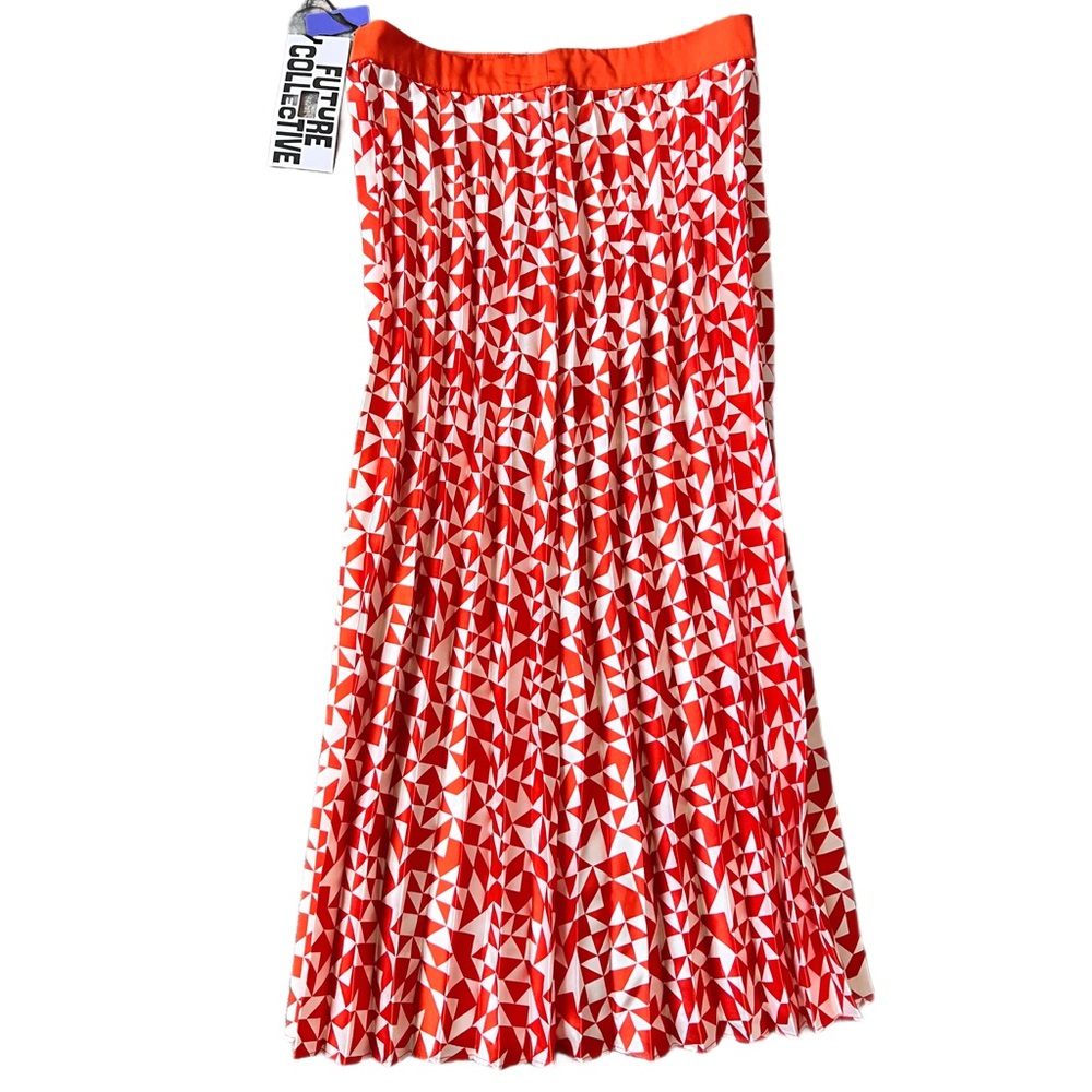 Red and White Pleated Midi Skirt